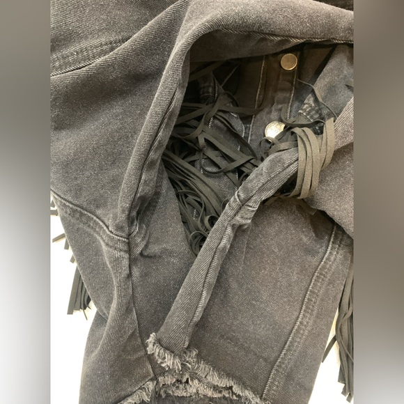 Black Denim Cow Horse Fringe Distressed Jean Jacket Longhorn Rodeo Western Bull - Picture 11 of 11